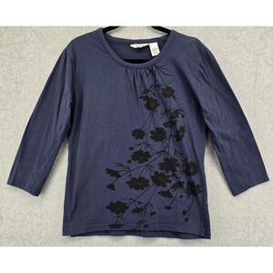 Keren Hart Vtg Floral Top Blue Black Shirt Womens M 3/4 Sleeve Side Slit Studded